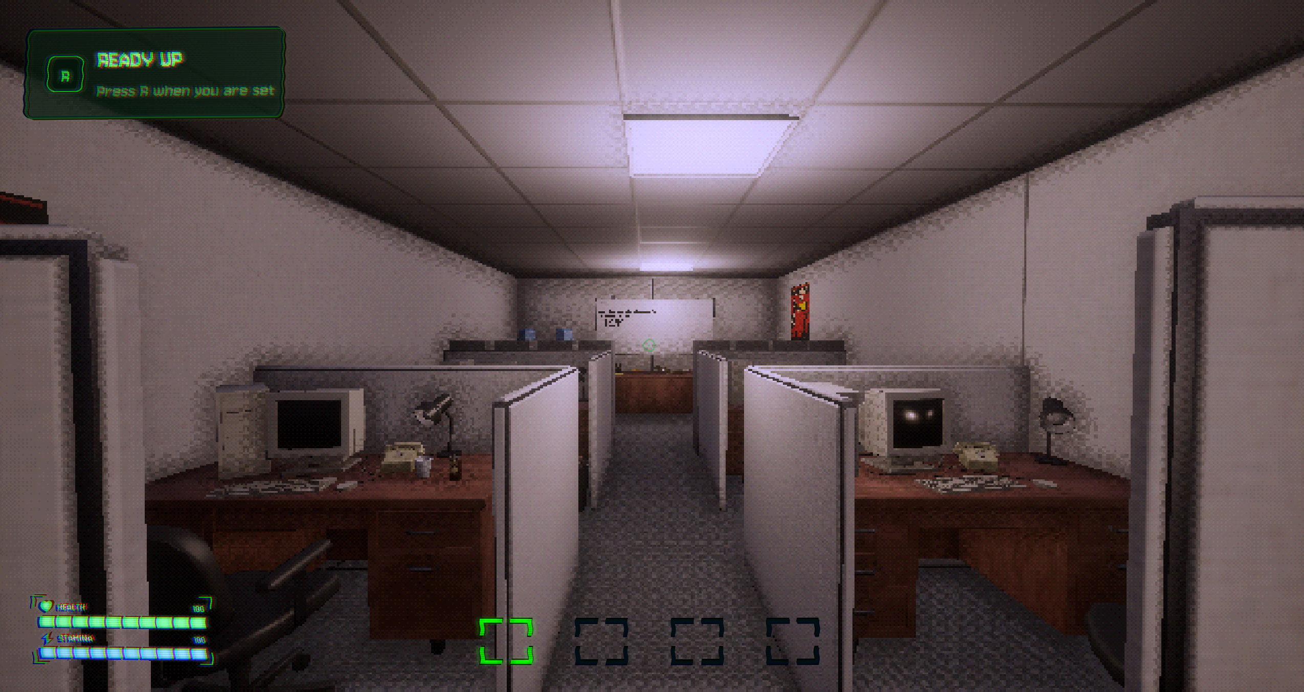 First-person view down a row of office cubicles